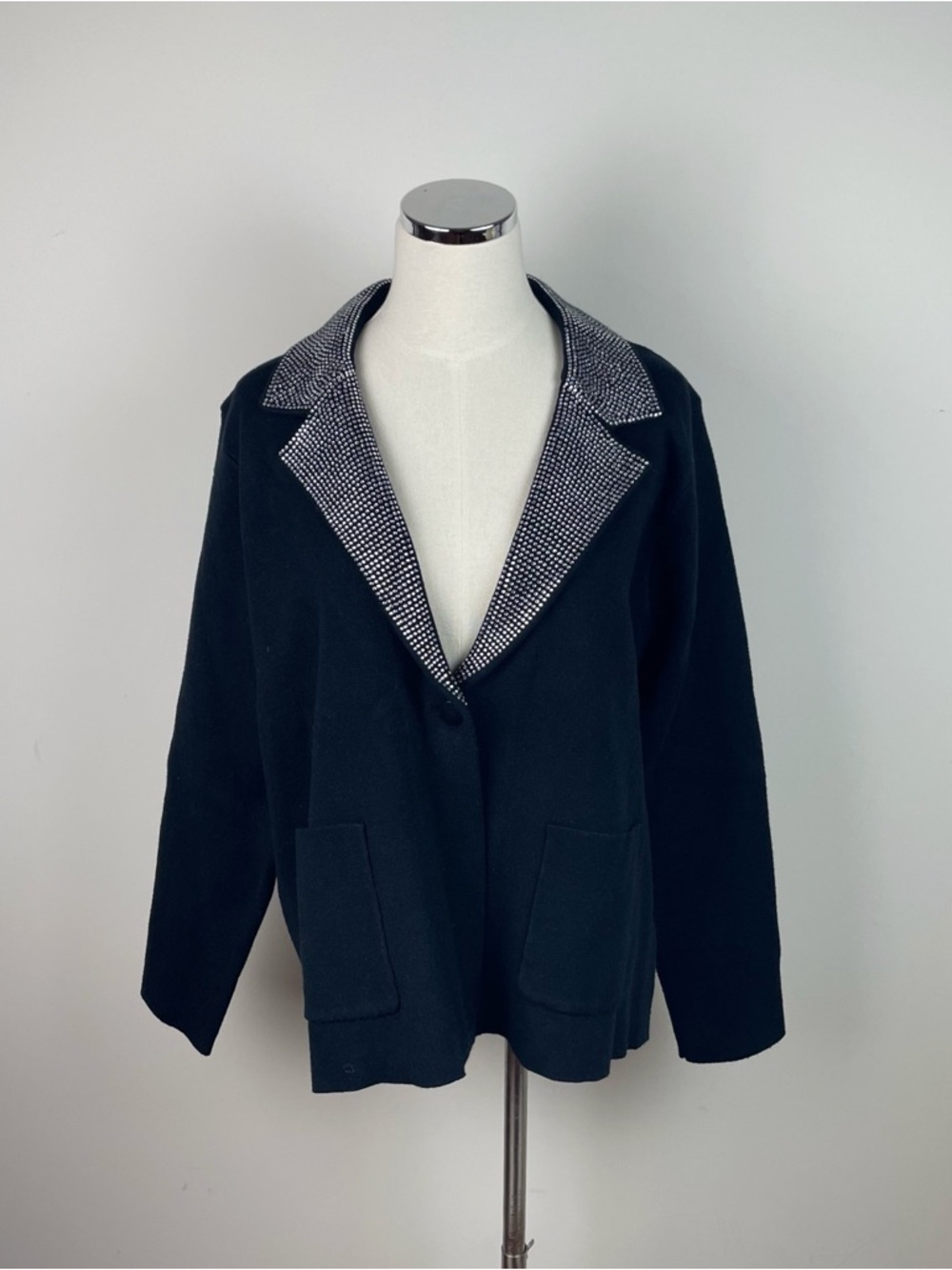 Sioni Black Silver Rhinestone Embellished Collared Cardigan Sweater XL Women